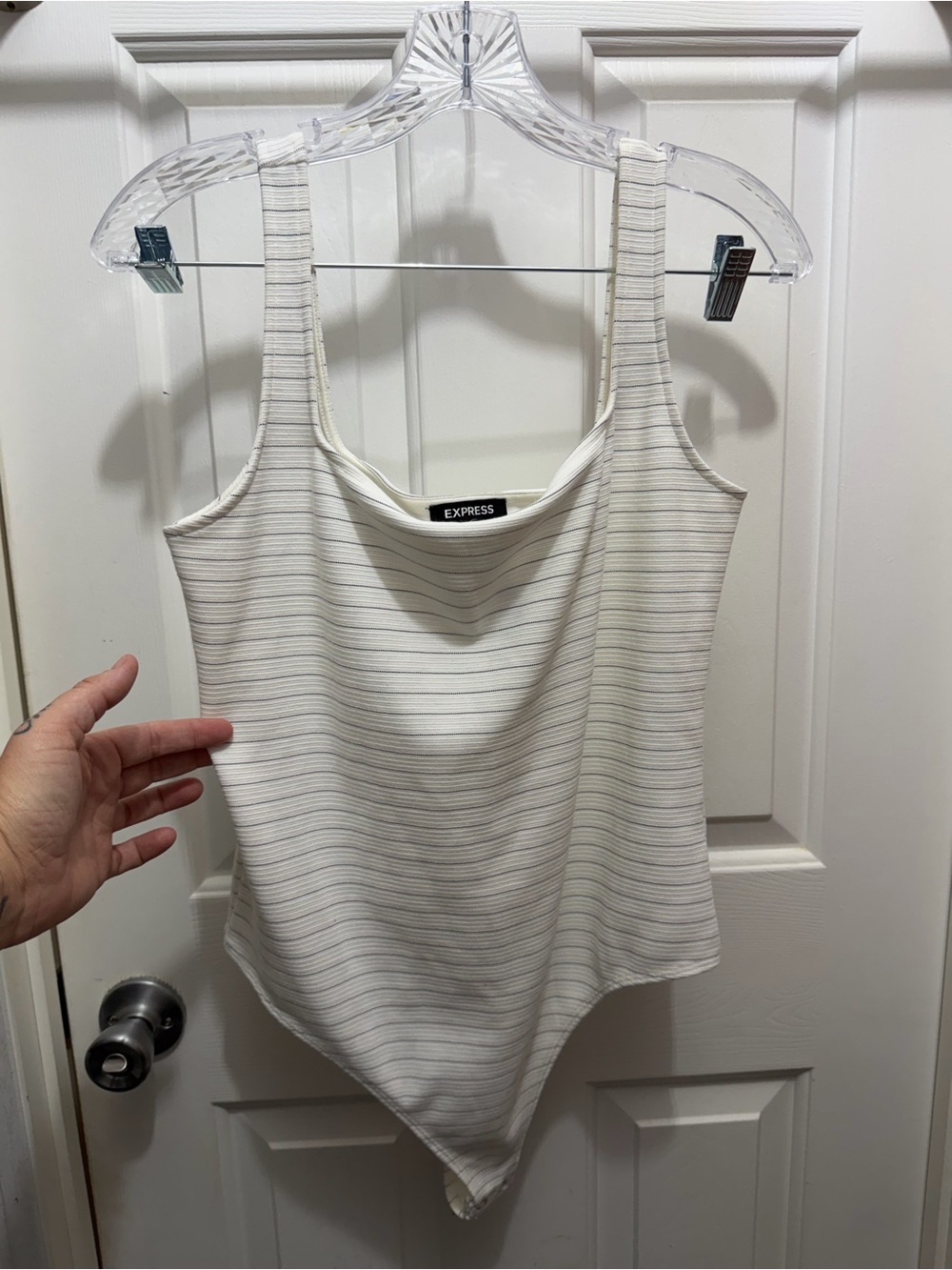 Express Cream Ribbed Tank Bodysuit with Subtle Stripes